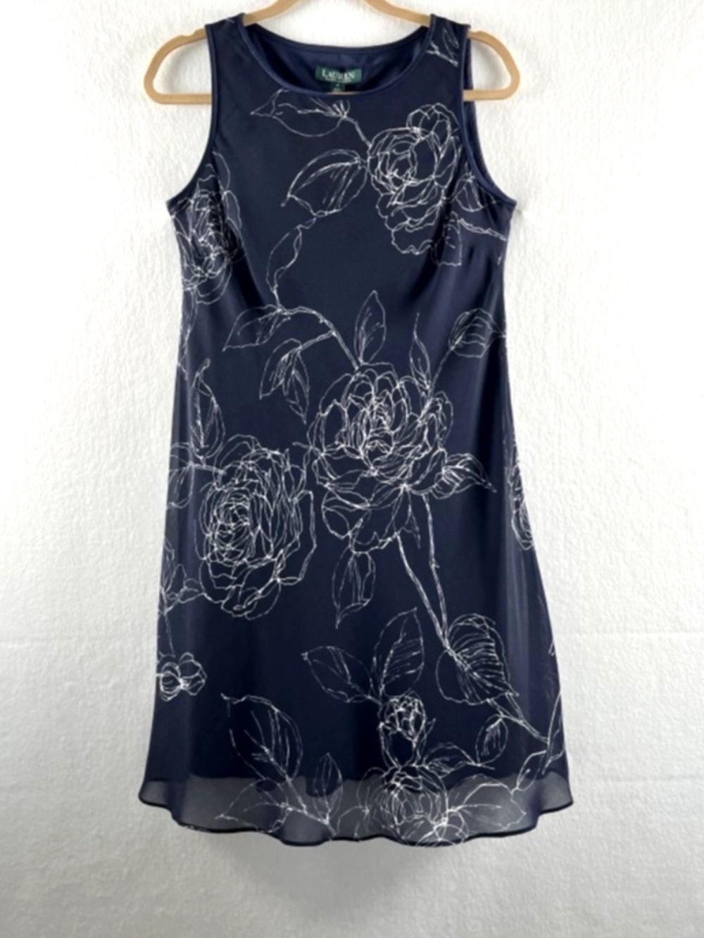 NEW Lauren Ralph Lauren A-Line Navy Blue White Floral Outline Sleeveless Sz 6
